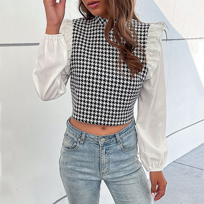 LOVECCR   Hot autumn new 2025 short thousand bird grid top long-sleeved ruffle edge splicing shirt women