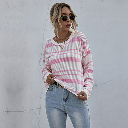 LOVECCR  foreign trade Hot early autumn pink pullover round neck striped knitted sweater women's casual pullover