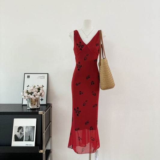 H X Red V-neck Sling Dress Women's Summer Waist Bag Hip Fishtail Skirt Long Red Dress Rose