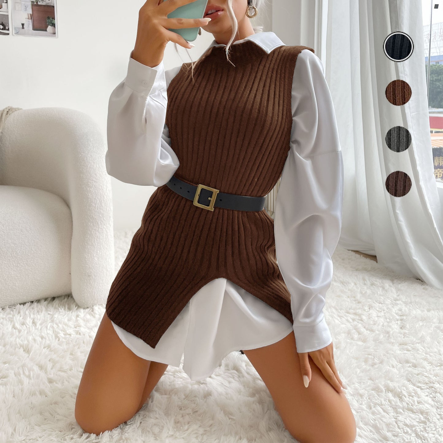 LOVECCR New Popular trade autumn and winter 2023 Spice Girls women's clothing split fork medium and long retro vest knitted vest sweater