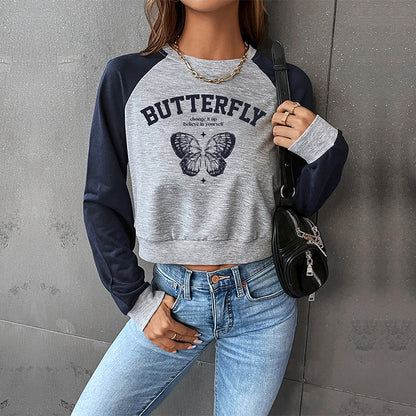 LOVECCR Hot new spring and autumn college style shoulder sleeves BM 2025 foreign trade color matching short women's round neck pullover sweater