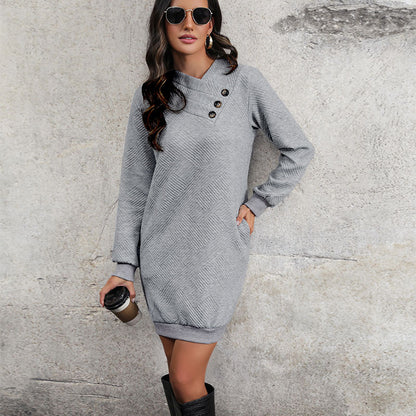 LOVECCR Hot trade autumn and winter new   2025 women's clothing long-sleeved crew neck dress fashion pocket button knitting