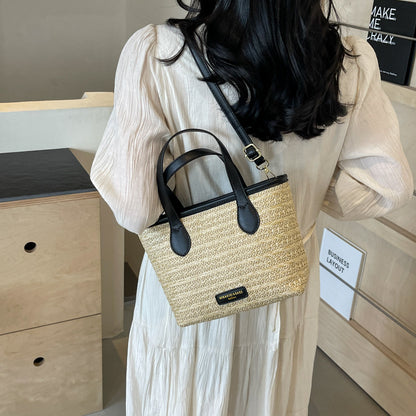 LOVECCR 2025 Beach wind portable woven bag women's popular new shoulder messenger bag leisure vacation portable bucket straw bag