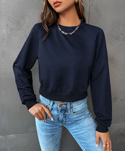 LOVECCR popular new New Popular trade leisure sports ragged sleeves top Popular trade short navel round neck pullover sweater women