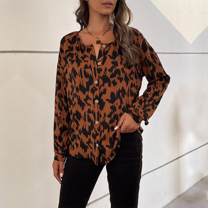 LOVECCR Cross-border  popular Spring and Autumn New Hot Trade 2025 Commuter Top Long Sleeve Leopard Print Design Shirt Women