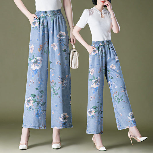 9258 Lyocell Jeans Wide Leg Pants Cropped Middle-Aged Women's Pants Colorful Pants Chinese Style Mom Culottes Summer Cool