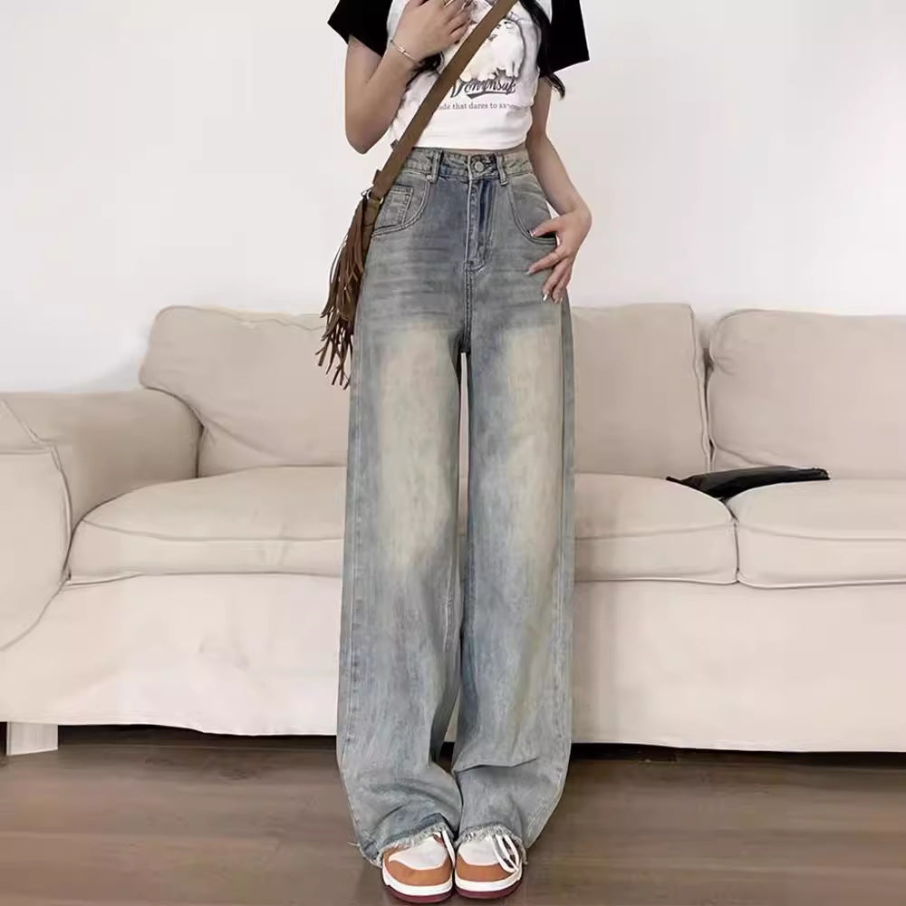 Retro Distressed Wide-Leg Jeans for Women 2024 Spring and Summer New High Waist Loose All-Match Draping Mop Straight Pants