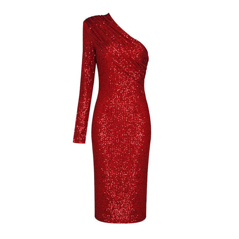 LOVECCR 2023 Women's Clothing Autumn and Winter Hot Trade Shoulder Long Sleeve Dress Slim Fit Red Silver Sequins 2025 Premium Inside