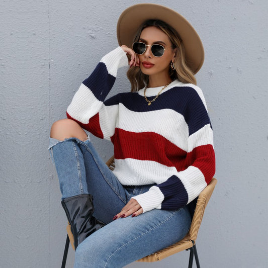 LOVECCR New sweater popular spring and autumn new products 2025 contrasting colors striped long-sleeved new knitted sweater jumper