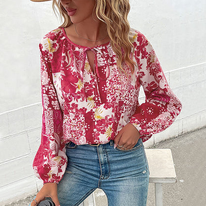 LOVECCR   Hot autumn casual printed shirt fashion 2025 foreign trade lace-up bubble sleeve shirt women