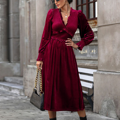 LOVECCR 2025 foreign trade explosion burgundy velvet dress temperament elegant long dress wooden ear edge collection design skirt