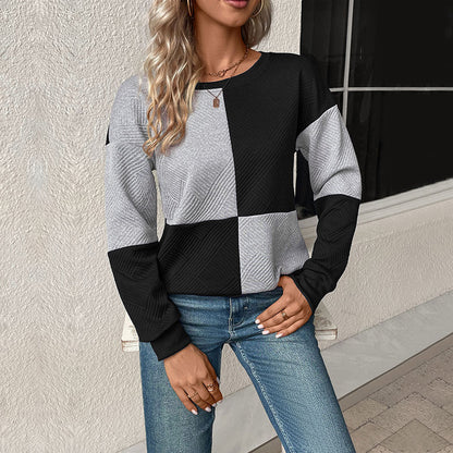 LOVECCR 2025 women's clothing Hot autumn new  long-sleeved color matching pullover round neck texture sweater women's models