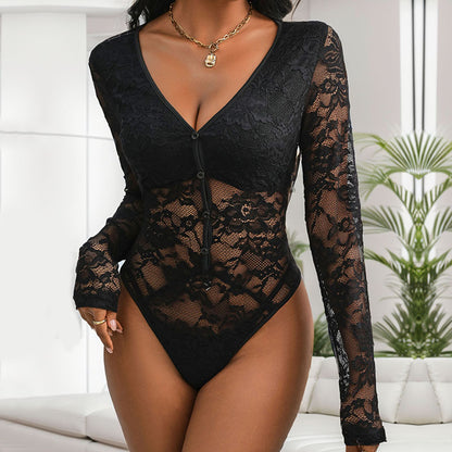 LOVECCR New temperament sexy lace onesie temu  hot sale fashion women's V-neck long-sleeved jumpsuit women