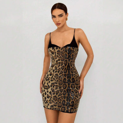 LOVECCR2025 cross-border women's clothing  summer new suspender leopard print sequins sexy slim backless hip-wrapped skirt