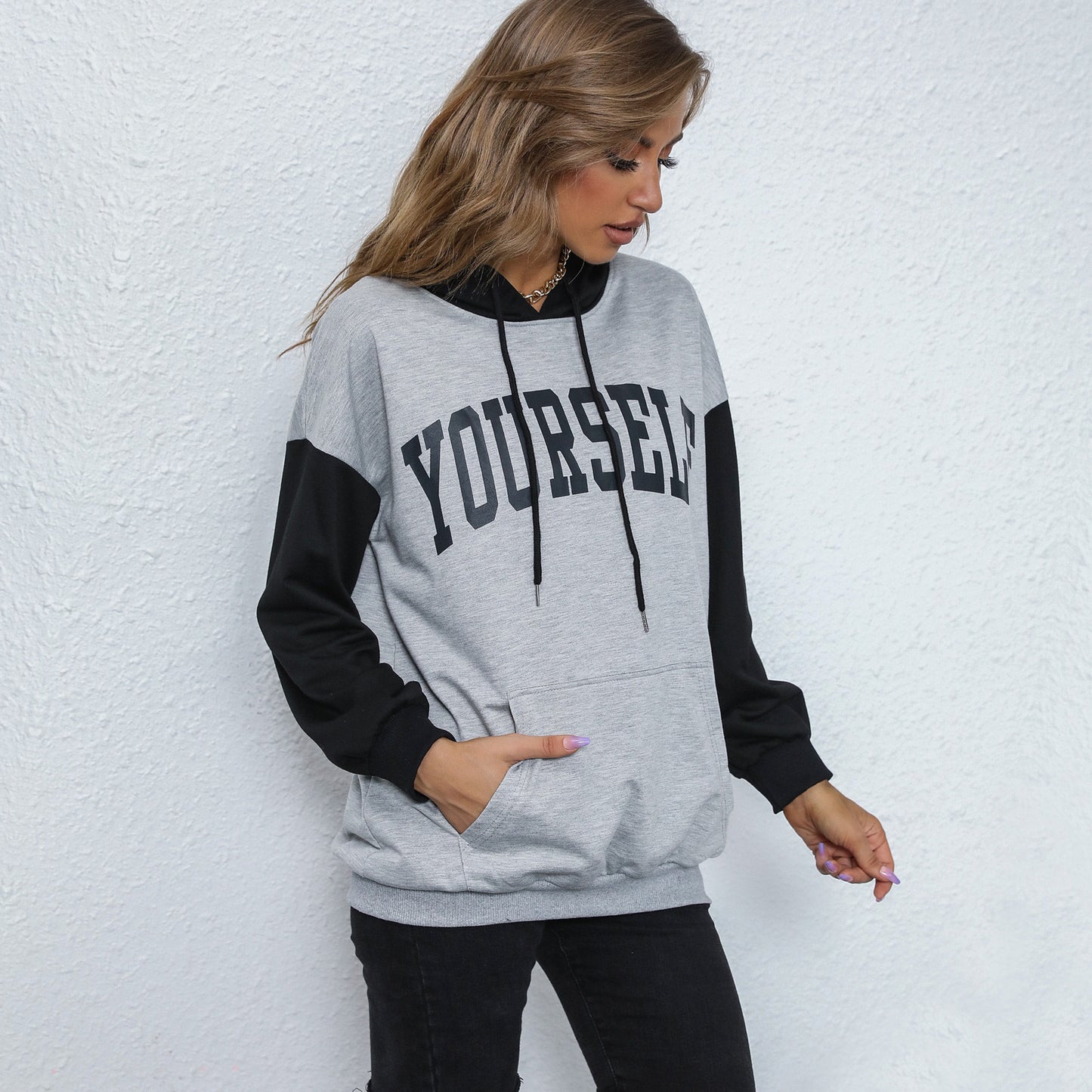 LOVECCR New popular autumn new product 2025 letter printing sweater women's splicing contrasting color sports hoodie