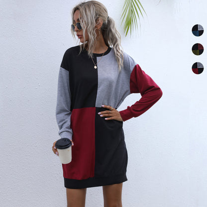 LOVECCR popular new New hot-selling splicing long-sleeved casual skirt 2025 Popular trade round neck medium and long contrasting sweater skirt women