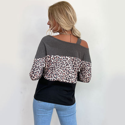 LOVECCR popular autumn and winter new New bottoming shirt Middle East one-word collar hollow off-the-shoulder loose leopard print women's splicing top