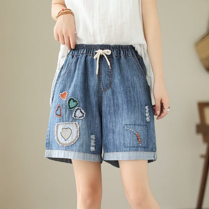 Japanese Style Denim Shorts Women's Summer Thin Loose Slimming Retro Casual Embroidered Shorts Wide Leg Pants