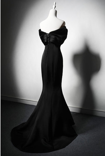 LOVECCRBlack Mermaid Satin Off Shoulder Evening Dress, Black Satin Prom Dress