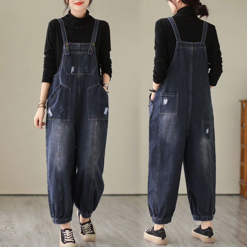 Real Shot 2024 Autumn New Denim Suspender Pants Korean Style plus Size Women's Clothing That Makes You Look Younger Loose Fashionable Denim Trousers Denim Trousers