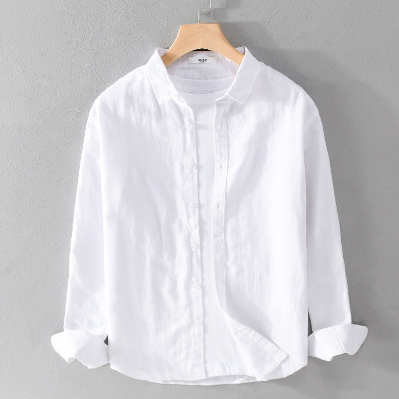 Men's New Cotton Linen Long Sleeve Blouse White Art Versatile Casual Versatile Youth Linen Shirt 9206