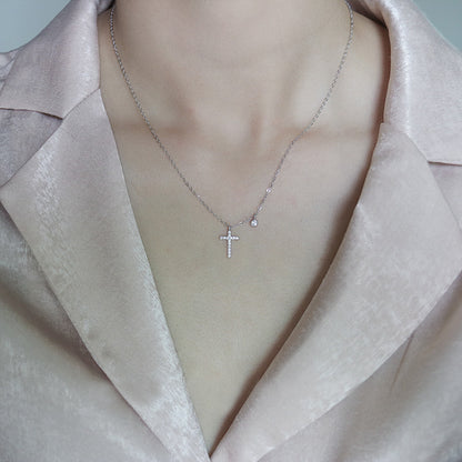 S925 Sterling Silver Diamond Cross Necklace Classic Exquisite Refined Grace Light Luxury Minority High-Grade Clavicle Chain