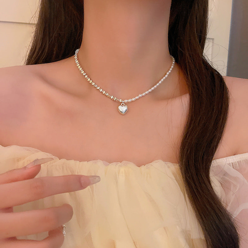 LOVECCR Light Luxury Minority All-Matching Graceful Pearl Necklace Super Fairy Sweet Fresh Loving Heart Zircon Titanium Steel Clavicle Chain Neck Chain