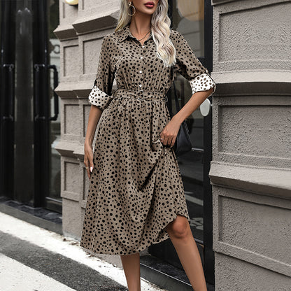 LOVECCR 2025  new dress lapel button temperament dress polka dot long dress high waist women's dress with belt