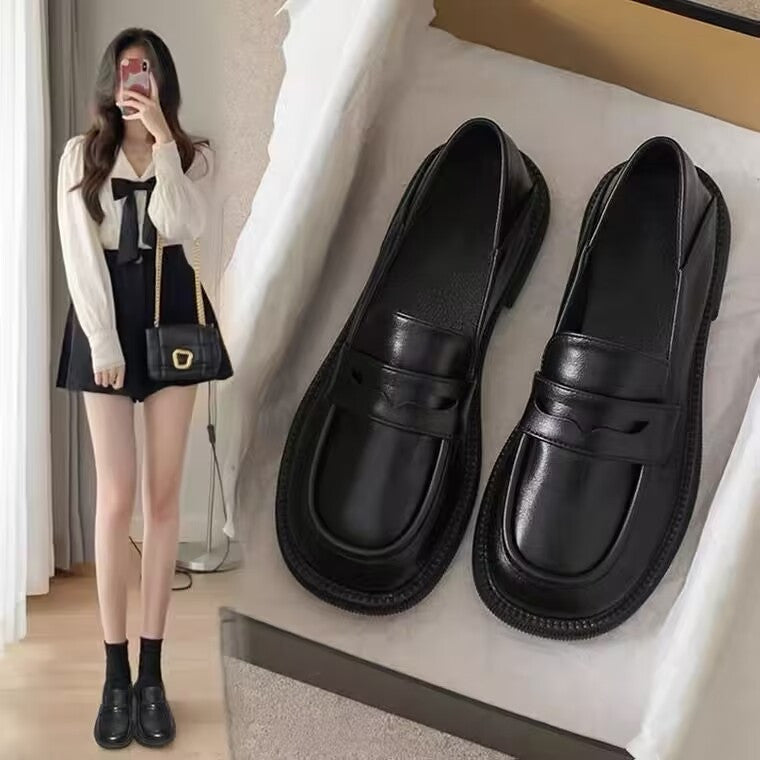 loveccr  Real Soft Leather British Style Leather Shoes Women's  New Slip-on Lofter Loafers Fashion Korean JK Shoes