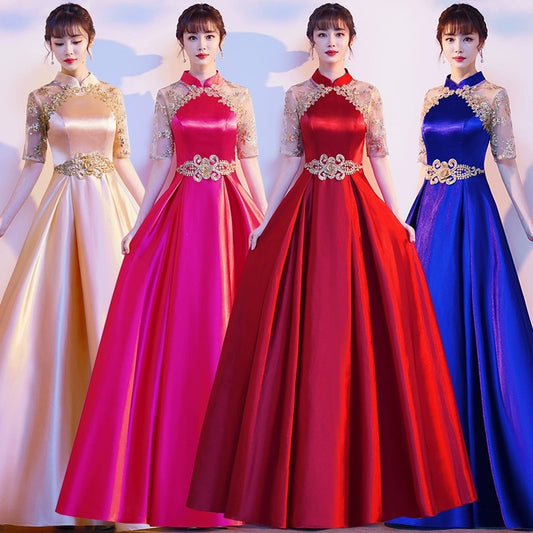 LOVECCR Choir Performance Costume Chinese Style Skirt  New Elegant Red Song Costume Host Performance Costume Female