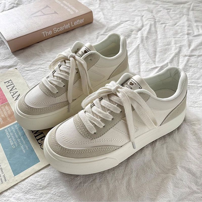 loveccr Women's Thick-Soled Canvas Shoes  Spring and Autumn New Niche Original Retro Versatile Sneakers Hong Kong Style White Shoes for Students