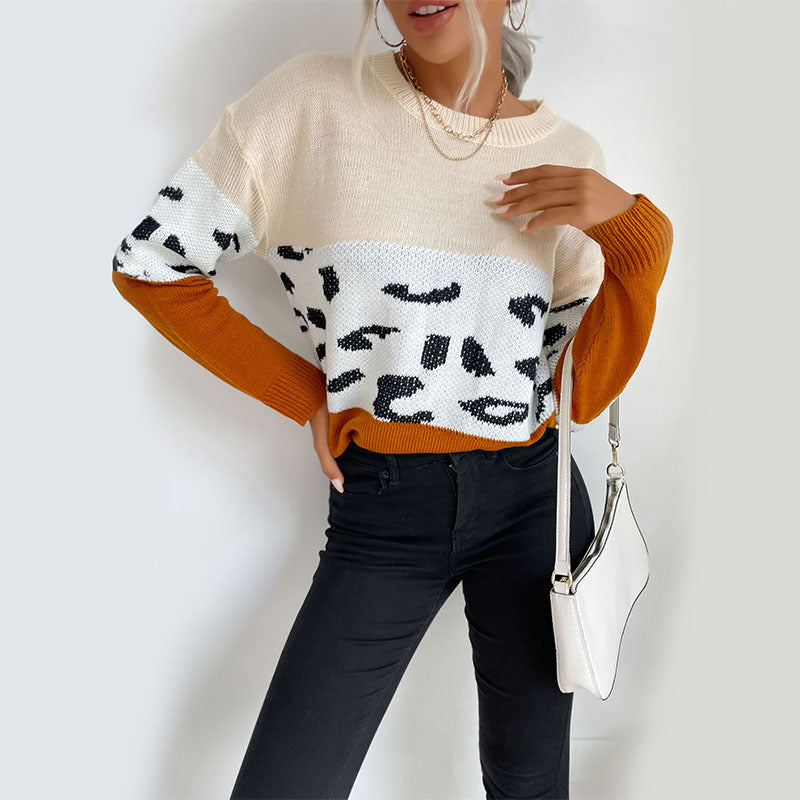 LOVECCR New Popular trade popular autumn new 2025 women's clothing long-sleeved leopard print contrasting knitted sweater color matching