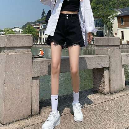 Double Buckle Thin Denim Shorts Women's Korean-Style High Waist Black Ins Style Hot Girl Raw Hem Ripped Wide Leg A- line Hot Pants Summer