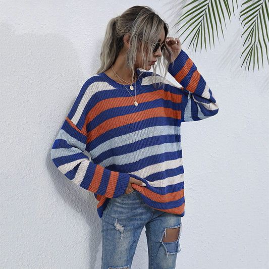 LOVECCR popular New Women's Early Autumn Sweater 2025 Autumn Pullover Crew Neck Loose Top  Striped Knitted Sweater