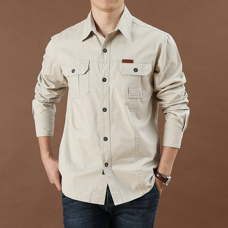 Men's Casual Loose Long-Sleeved Shirt New plus Size Solid Color Young and Middle-Aged Shirt Autumn Workwear Pocket Style