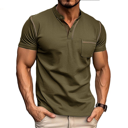 Summer European and American Style Men's Clothing Short-Sleeved Men's T-shirt Foreign Trade Men's Henley Shirt  Color Matching T-shirt Men's Wholesale