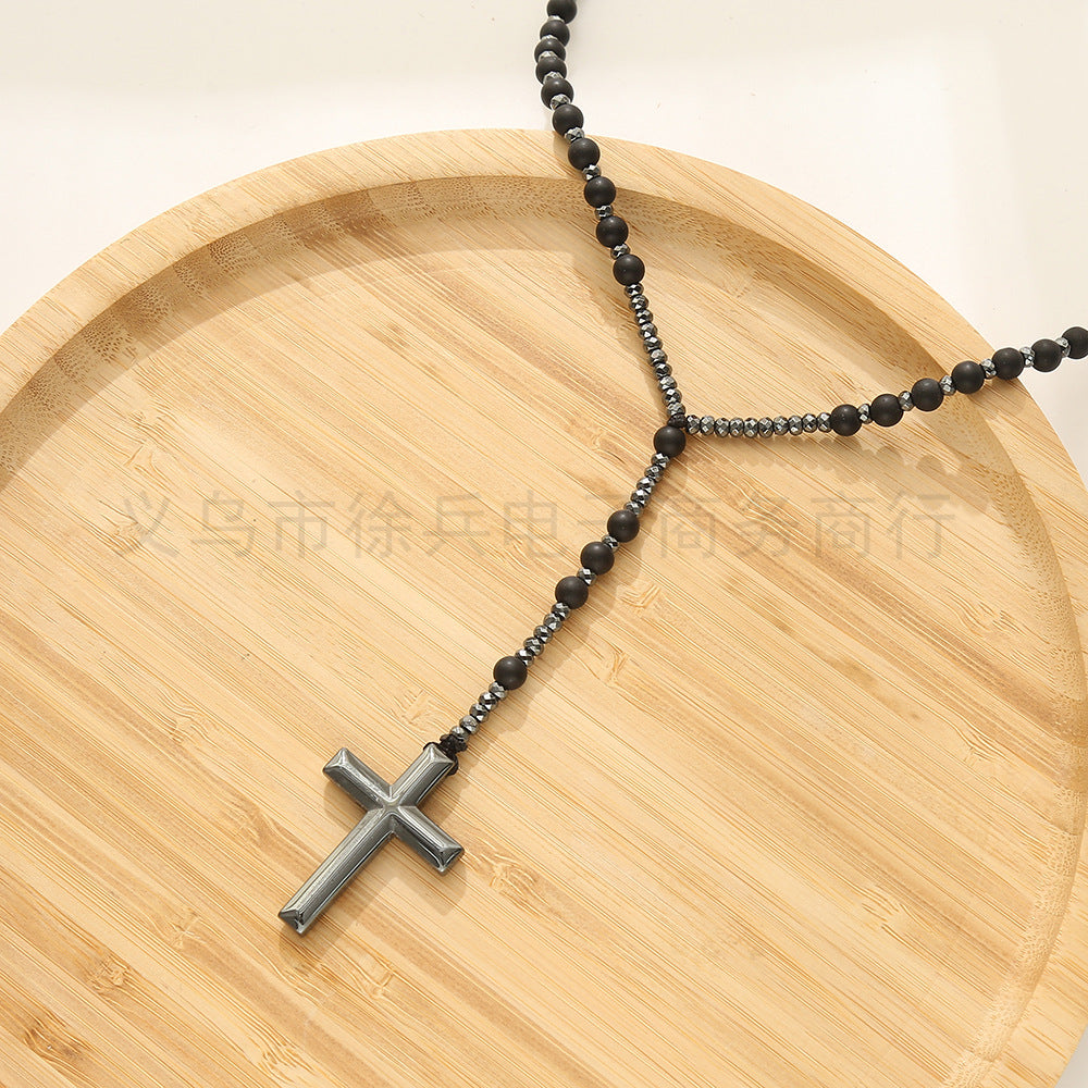 New Cross-Border Direct Supply in Stock Minimalist Creative Cross 6cm Matt Black Agate Haematite Men's and Women's Necklaces