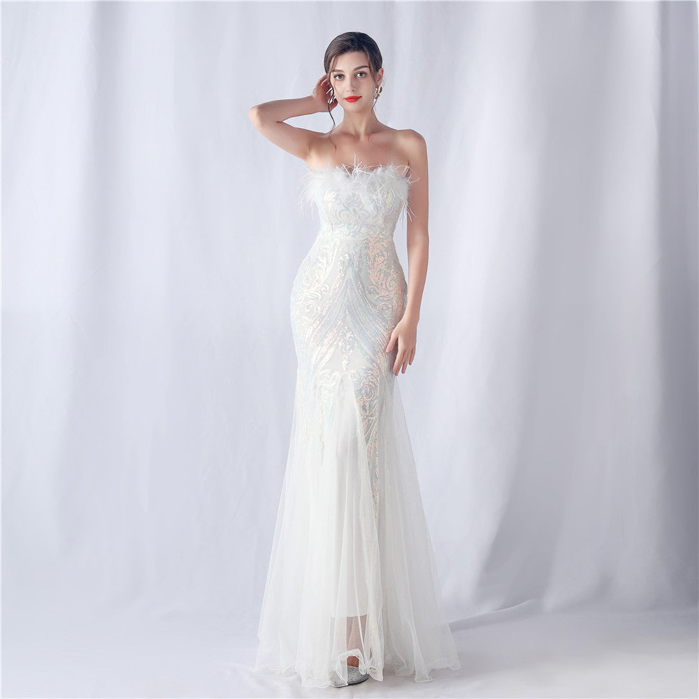 LOVERCCR  31599# Foreign Trade New  Ostrich Feather Positioning Flower Cutting Wedding Annual Meeting Tube Top Sequin Gauze Evening Dress
