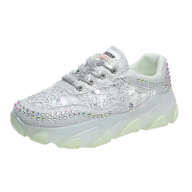 loveccr Breathable Rhinestone Dad Shoes Women  Summer New Korean Style Lace Jelly Thick Bottom Casual Sneaker Women Wholesale