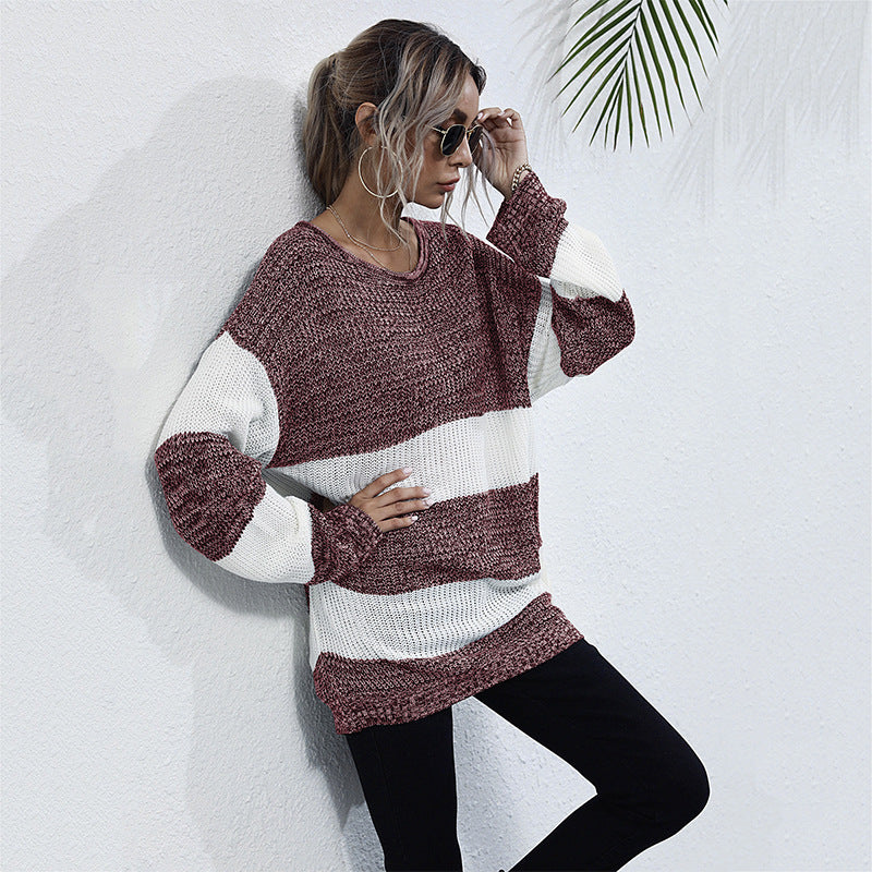 LOVECCR 2025 new New Popular trade striped color matching crew neck knitted sweater medium and long loose lazy sweater autumn and winter women's clothing