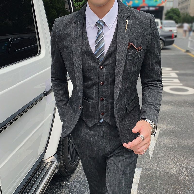 LOVECCR  Suit Suit Men's Three-Piece Casual Striped Suit Korean Style Slim-Fitting Suit Bridegroom Handsome Wedding Dress Fashion