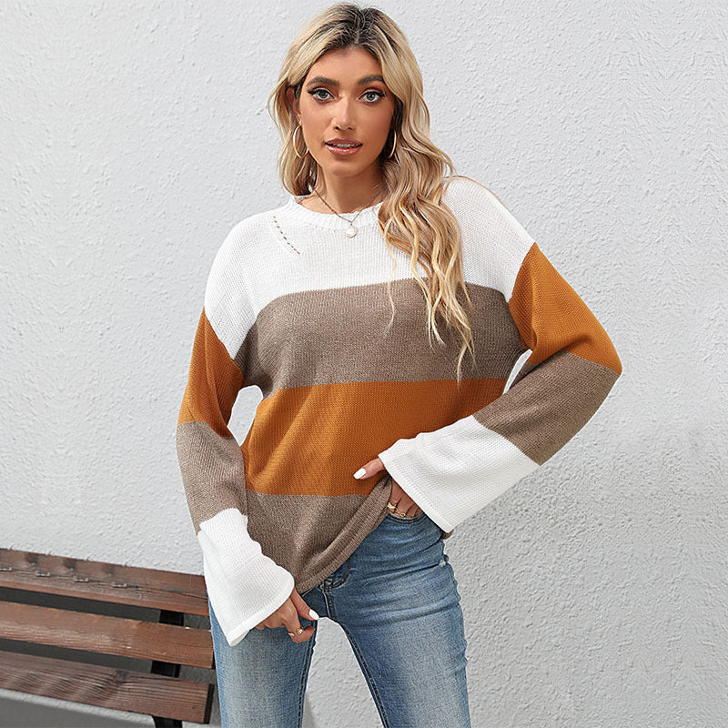 LOVECCR   Hot autumn and winter new casual 2025 women's clothing crew neck striped color matching loose knitted sweater