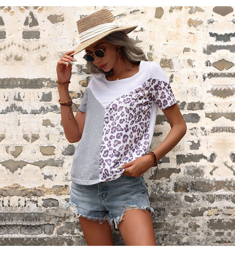 LOVECCR New short-sleeved casual pullover t-shirt women's summer popular new leopard print color matching top wholesale