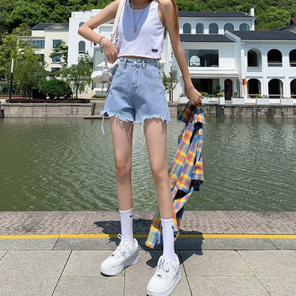 Double Buckle Thin Denim Shorts Women's Korean-Style High Waist Black Ins Style Hot Girl Raw Hem Ripped Wide Leg A- line Hot Pants Summer