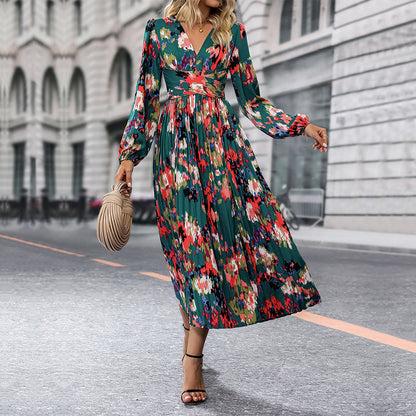 LOVECCR foreign trade pleated long dress Hot autumn new 2025 women's  printing long-sleeved jumpsuit