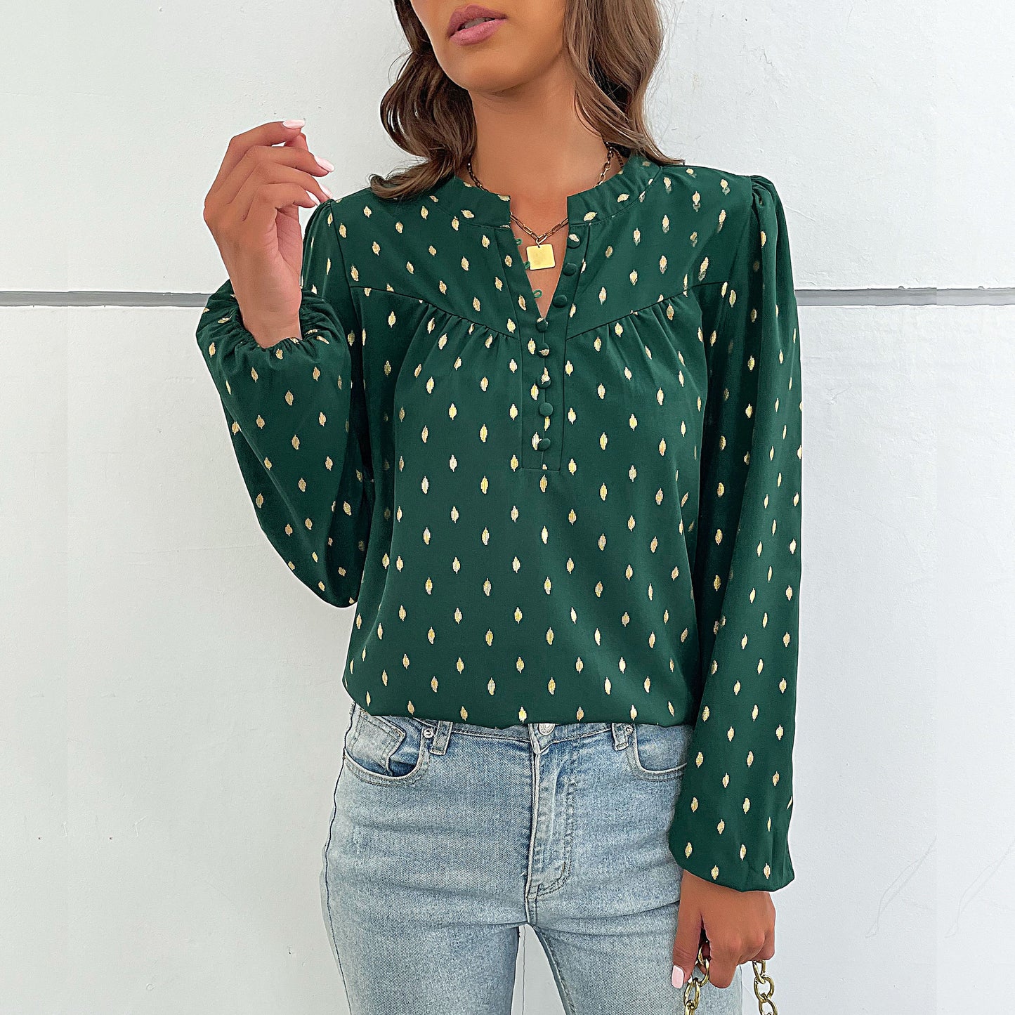 LOVECCR Cross-border  popular spring and autumn new Popular trade 2025 commuter women's clothing long-sleeved polka dot bronzing design shirt