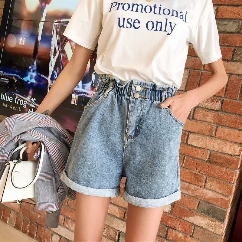 Elastic Waist Denim Shorts Women's Summer Thin High Waist A- line Wide Leg Pants Small Bud-Shaped Pants Curling Hot Pants Fashion