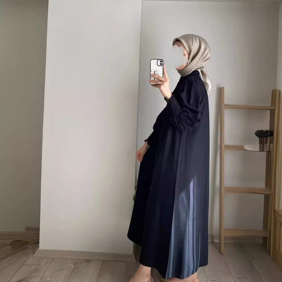 LOVECCR Cross-Border Women's Clothing Spring and Autumn New Pure Color Muslim Style Commuting Elegant Simple All-Matching Turn-down Collar Long Sleeve Loose