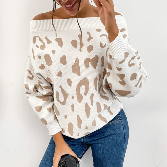 LOVECCR New women's clothing popular autumn and winter new pullover, bat sleeve leopard print one-word shoulder sweater in stock