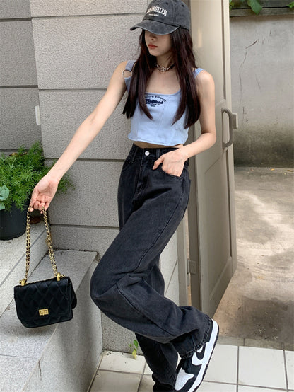 Women's High Waist Smoky Black Jeans Loose Slimming Washed All-Matching Straight Pants Basic Style Mop Pants